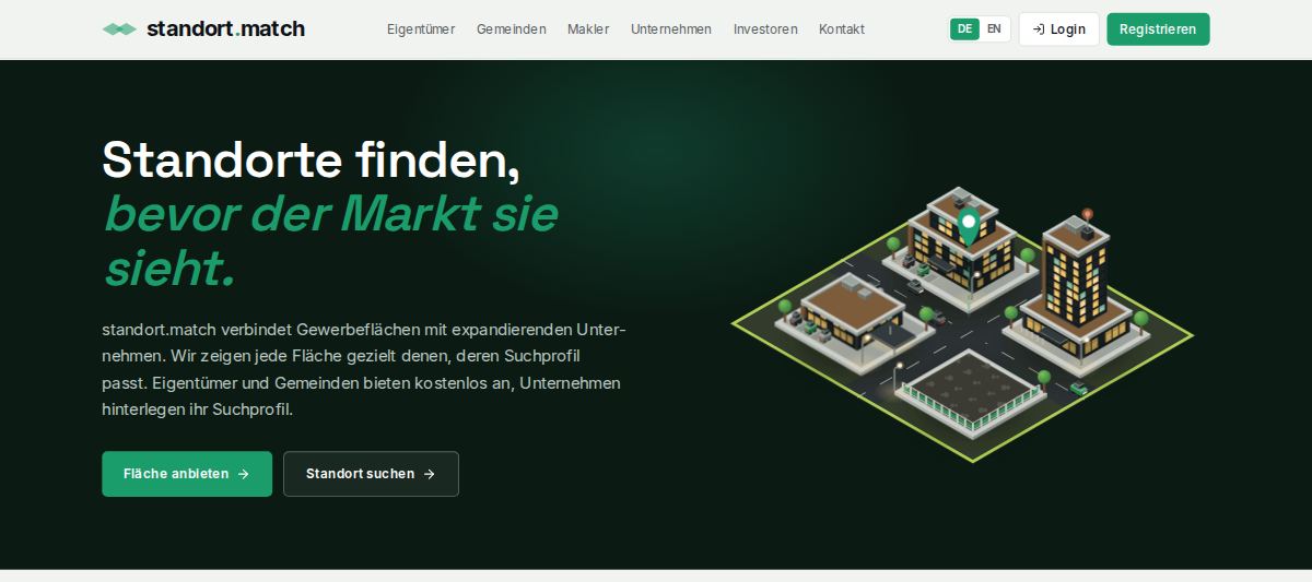 Startseite von standort.match: Standorte finden, bevor der Markt sie sieht.
